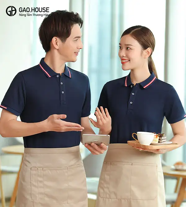 Áo đồng phục nhà hàng ăn uống màu tím than phối bo dệt GUN1980087